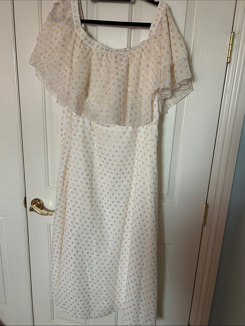 Eloquii White Off-Shoulder Dress with Gold Dot Detail